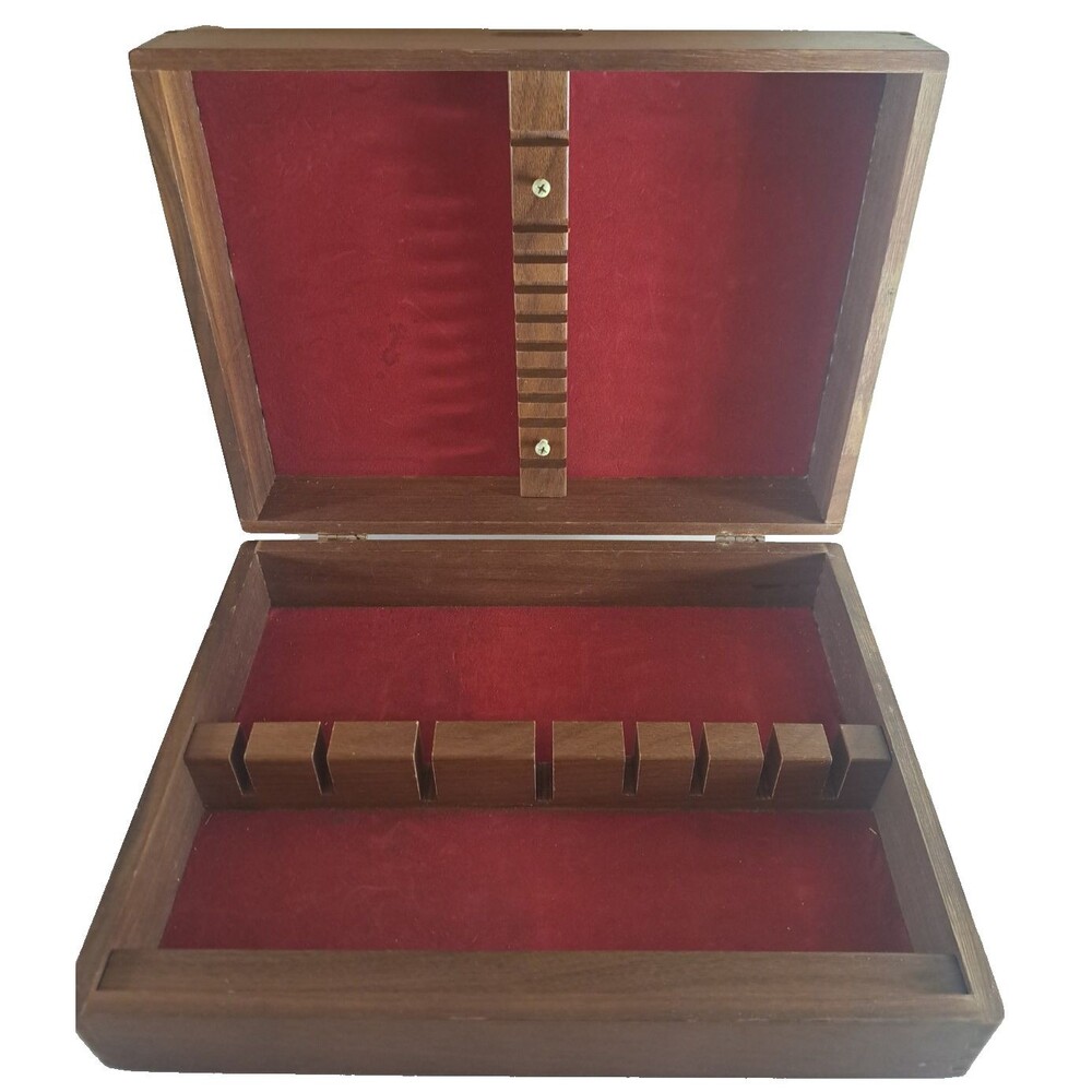 Vintage Wood Flatware Cutlery Chest Medium Wood Finish Red Felt 9x12.25